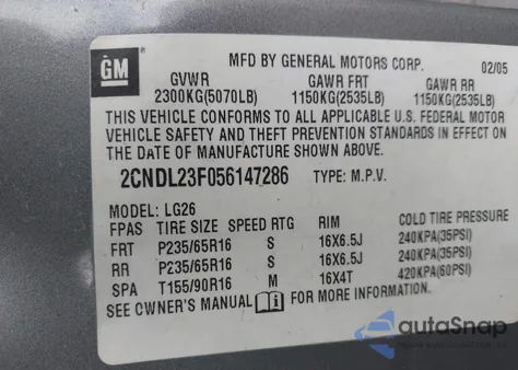 2005 Chevrolet Equinox Ls из США, поврежденный, VIN 2CNDL23F056147286